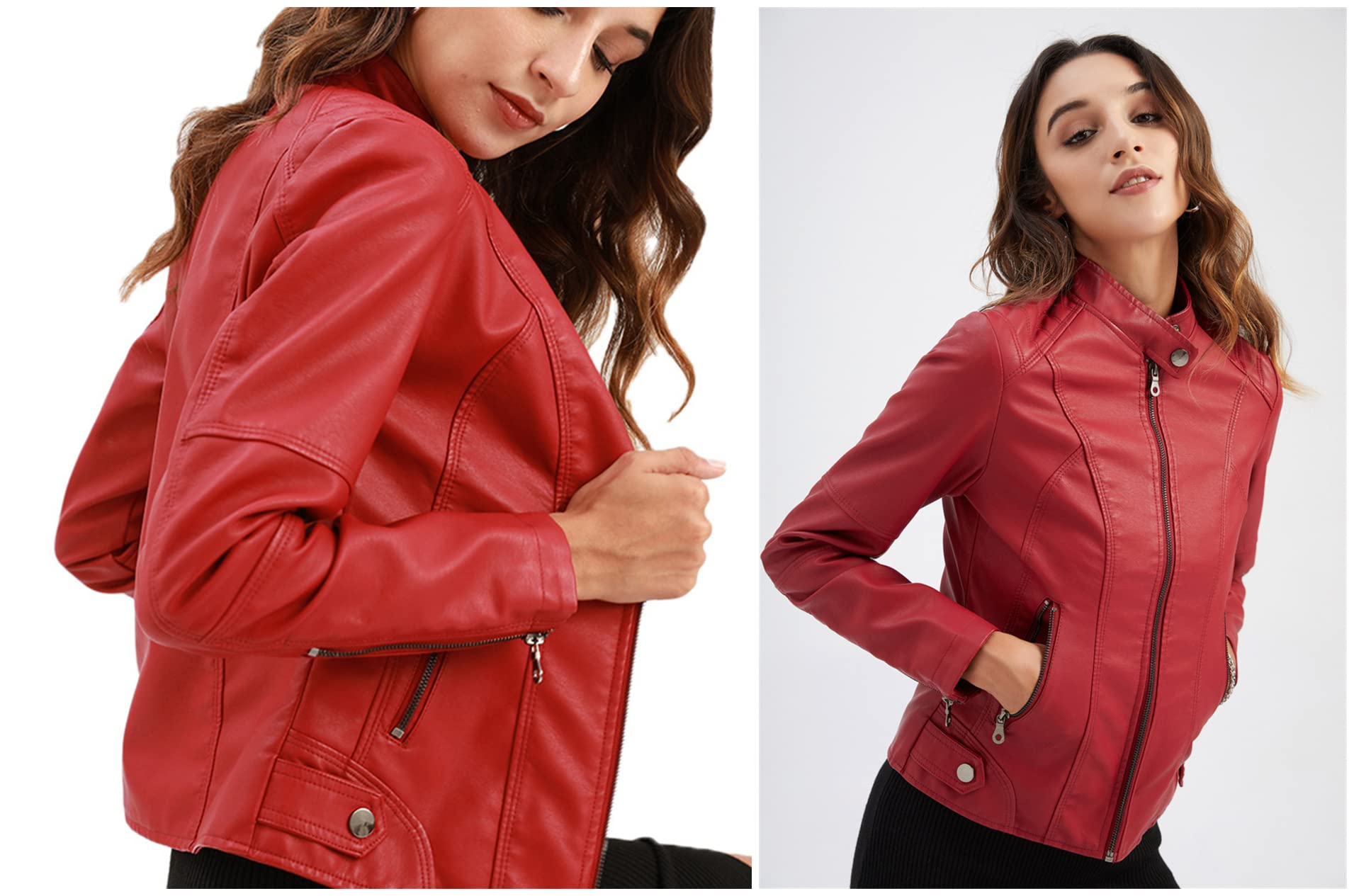 WSLCN Femme Veste en Similicuir Moto Blouson Zippé Casual Bomber Jacket