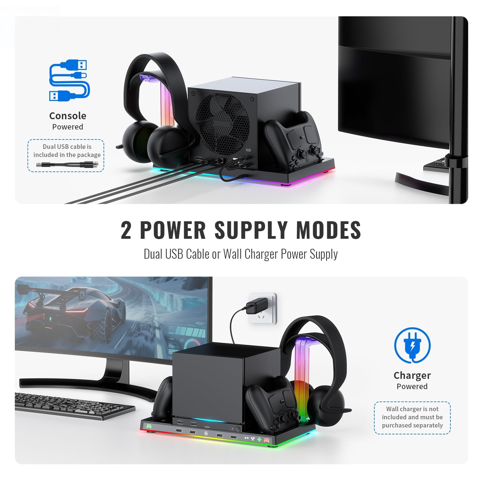 Base di ricarica per macchine a vapore Supporto caricabatterie doppio controller, supporto verticale con luce RGB per supporto controller vapore, supporto per cuffie dock di ricarica