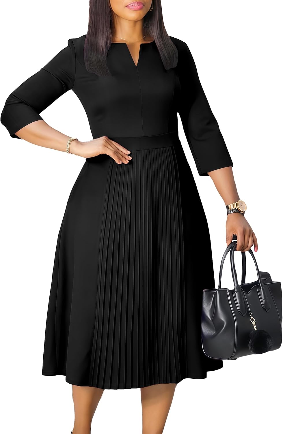 Elegant Church Dresses for Women 2025 3/4 Sleeve Vintage Ruffle A-line Pleated Dress V Neck Business Casual Work Outfits - Image 2