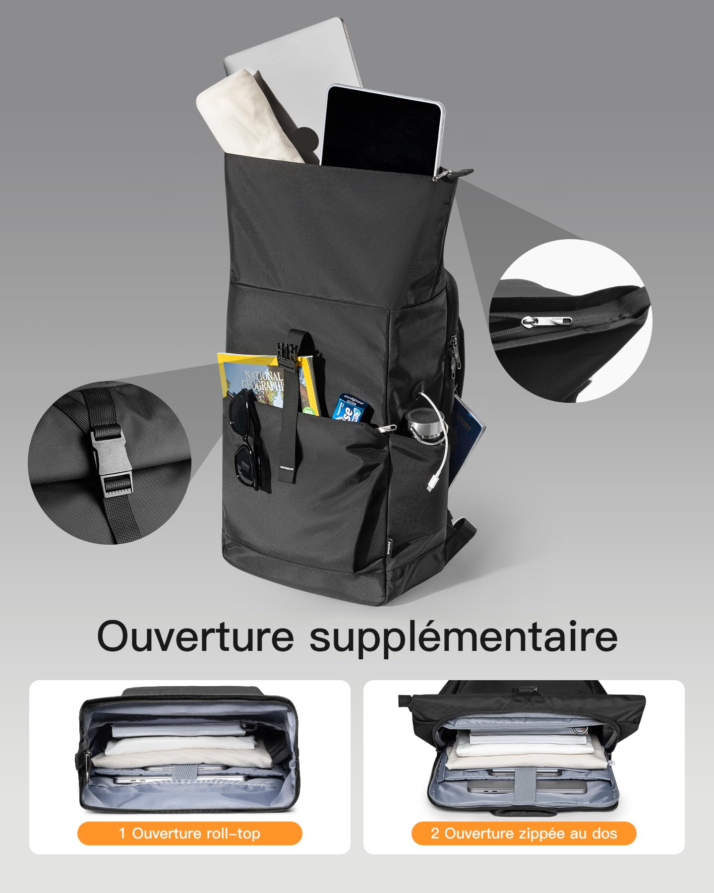 Inateck Sac à Dos Loisir Enroulable Femmes Homme 25L-30L Extensible pour Ordinateur Portable 17.3" avec Port pour Ecouteurs/Chargeurs et Compartiment à Chaussures Séparé