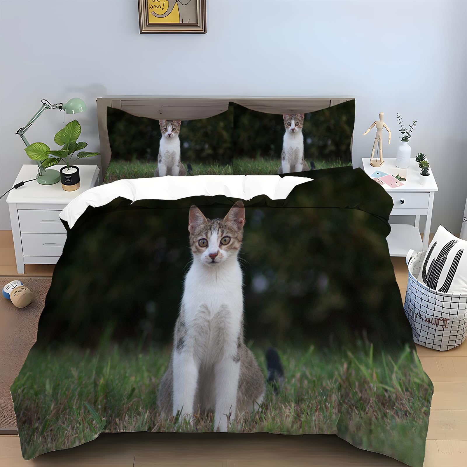 Parure de lit 2 personnes chat housse de couette 240x260 vert foncé microfibre
