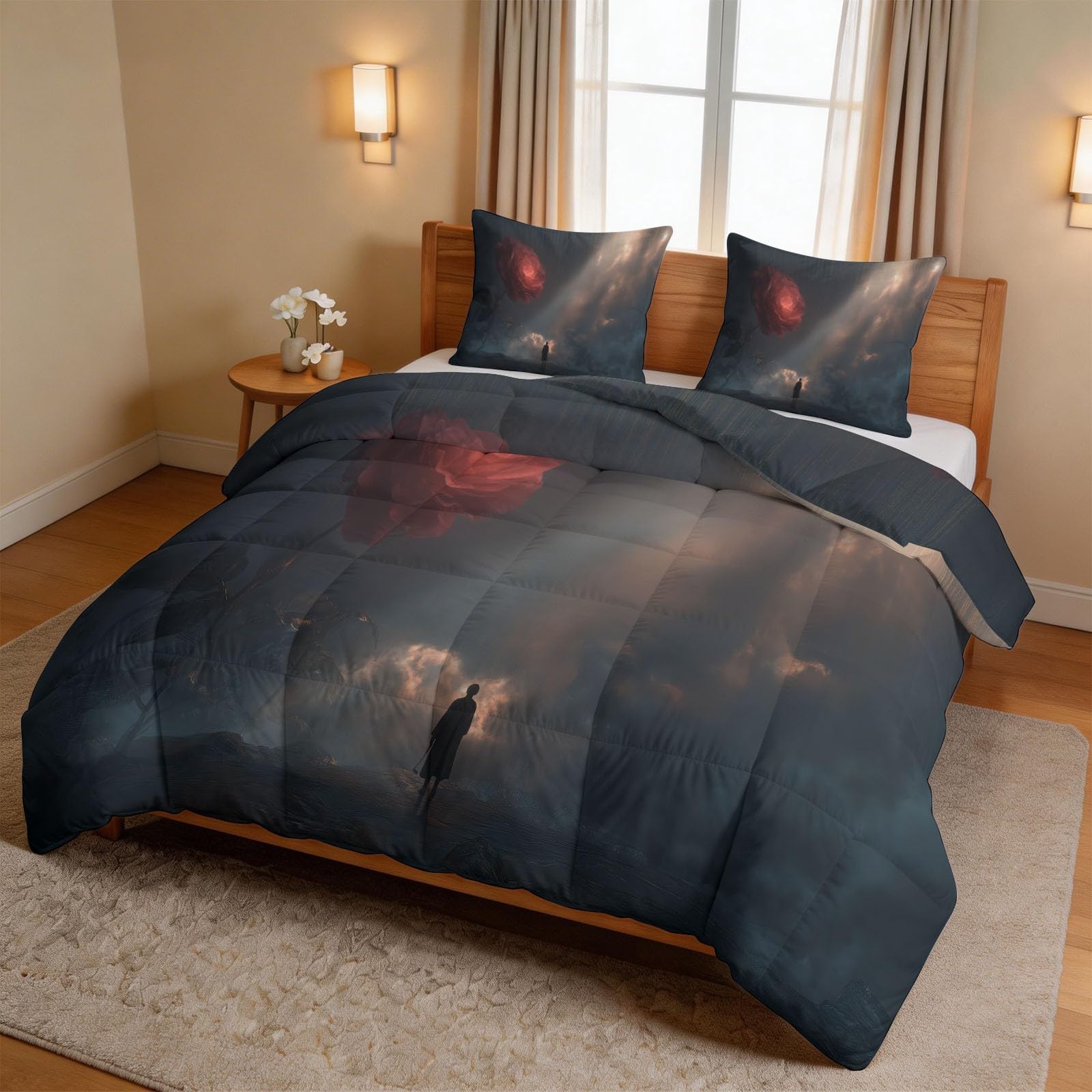 Super King – zestaw pościeli bez pokrowca 7,5 Tog, fantazyjna figurka, sylwetka 260 x 220 cm, oddychająca, ultramiękka, dwustronna pościel z 2 poszewkami na poduszki, chmury, czerwona róża i morze na