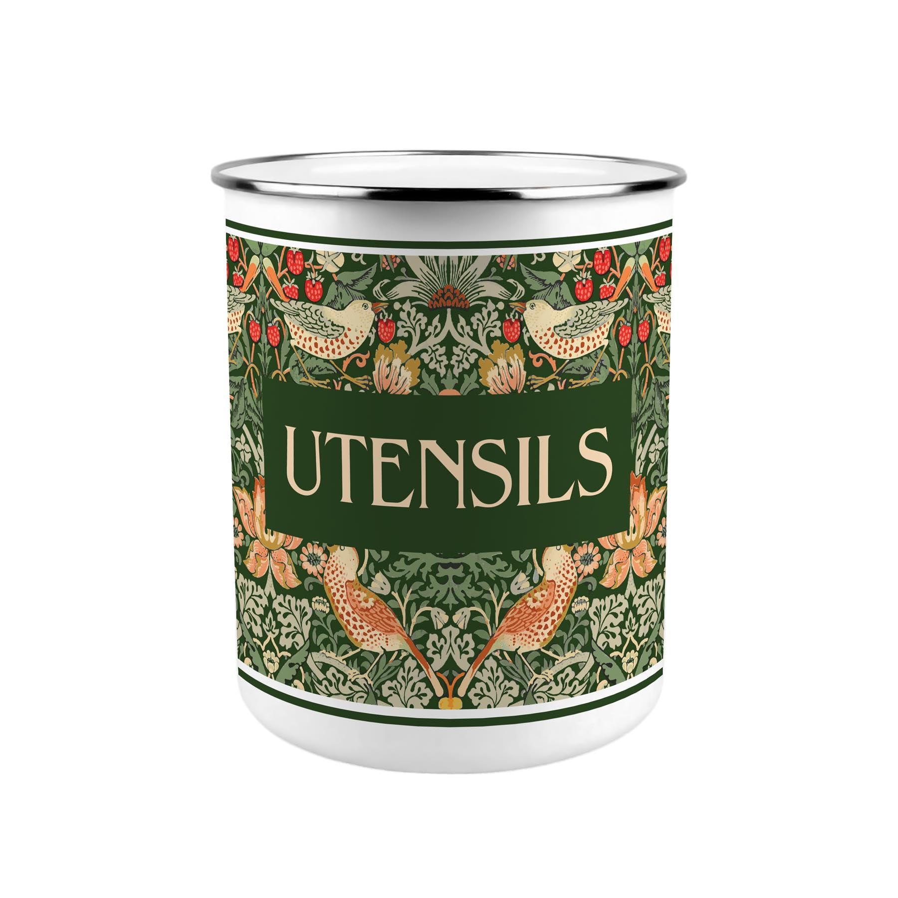 Purely Home Strawberry Thief Metal Utensil Holder - Green XL Kitchen Utensil Pot/Organiser for Countertop Decor Gift 18x16.5cm