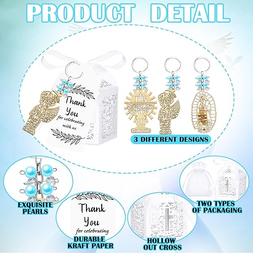 Miniatura 3 de Ecally 120 llaveros de bautismo, recuerdos de bautizo para cruz, cajas de regalo de bautismo, bolsas de organza para regalo de fiesta de primera