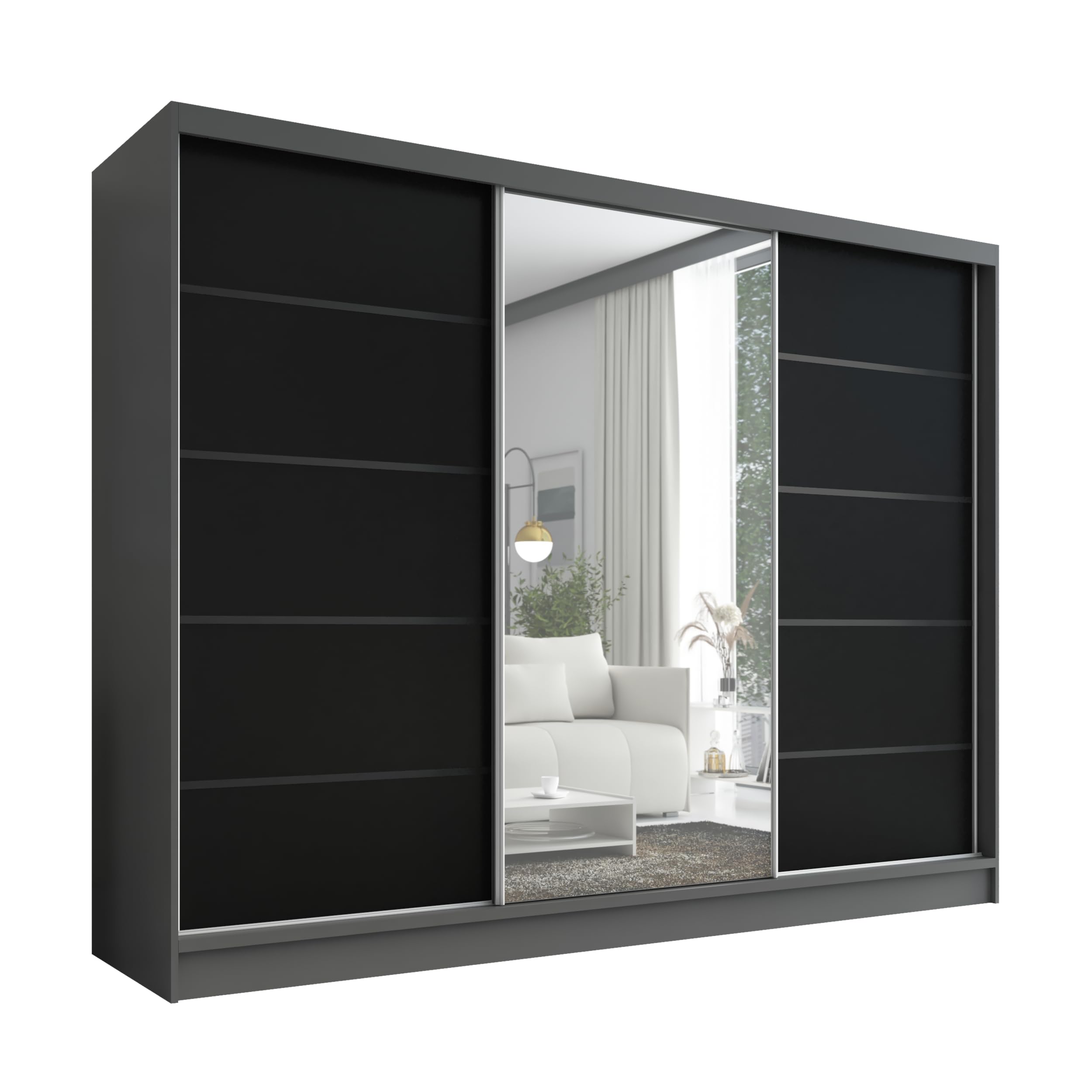 A&J MöbelLand Kleiderschrank Aurelia 2 – Schwebetürenschrank 200 cm breit mit Spiegel, 3-türig, Kleiderschrank mit Schubladen, Schiebetürenschrank für Schlafzimmer oder Garderobe