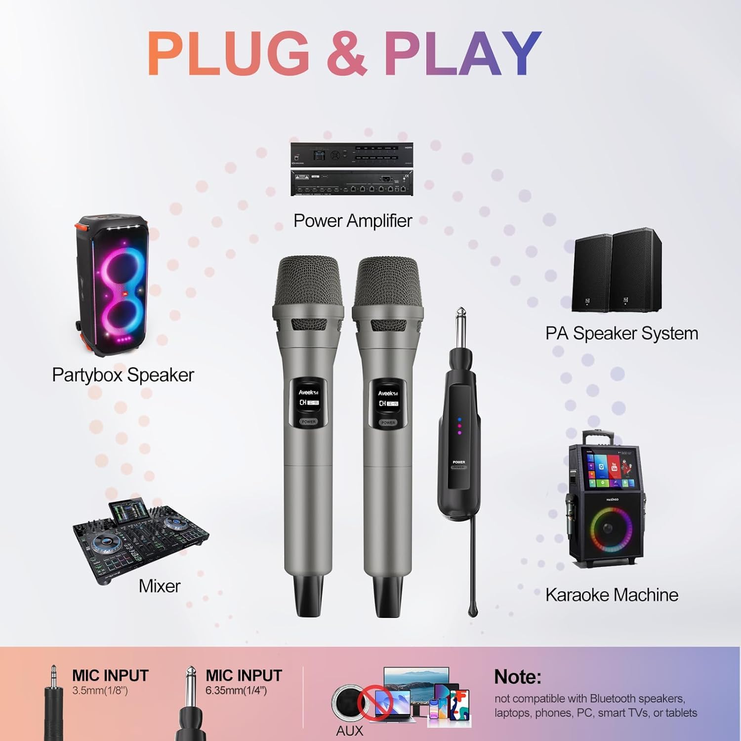 Aveek Kabelloses Karaoke Mikrofon Set 2.4G, Wiederaufladbar mit USB-C, 6,35mm/3,5mm Anschluss, 30m Reichweite, 2er Set