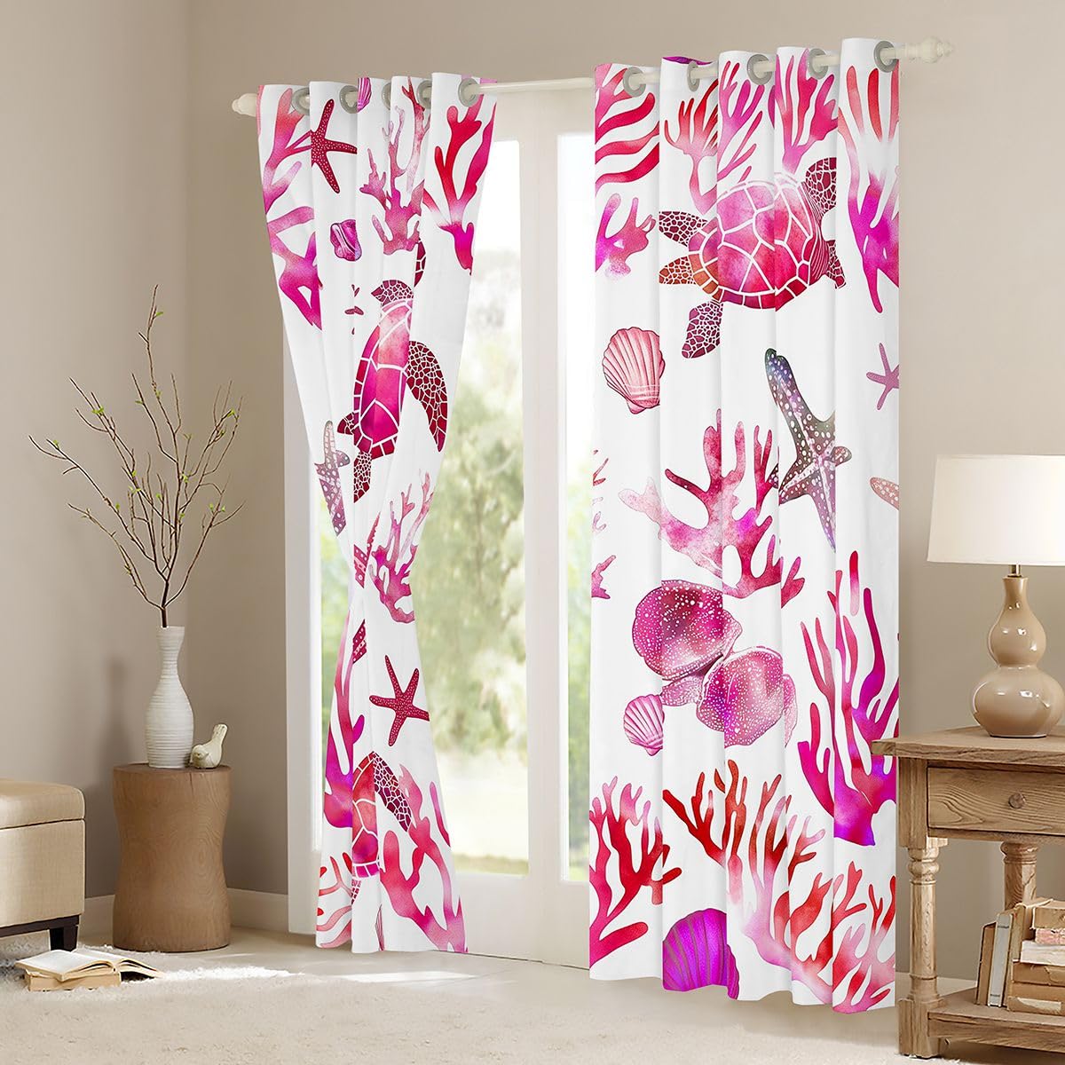 Homemissing Tende oscuranti a forma di tartaruga marina, per camera da letto, soggiorno, oceano, spiaggia, stelle marine, conchiglie, tende oscuranti con creature marine rosa, 2 pannelli 116 x 182 cm