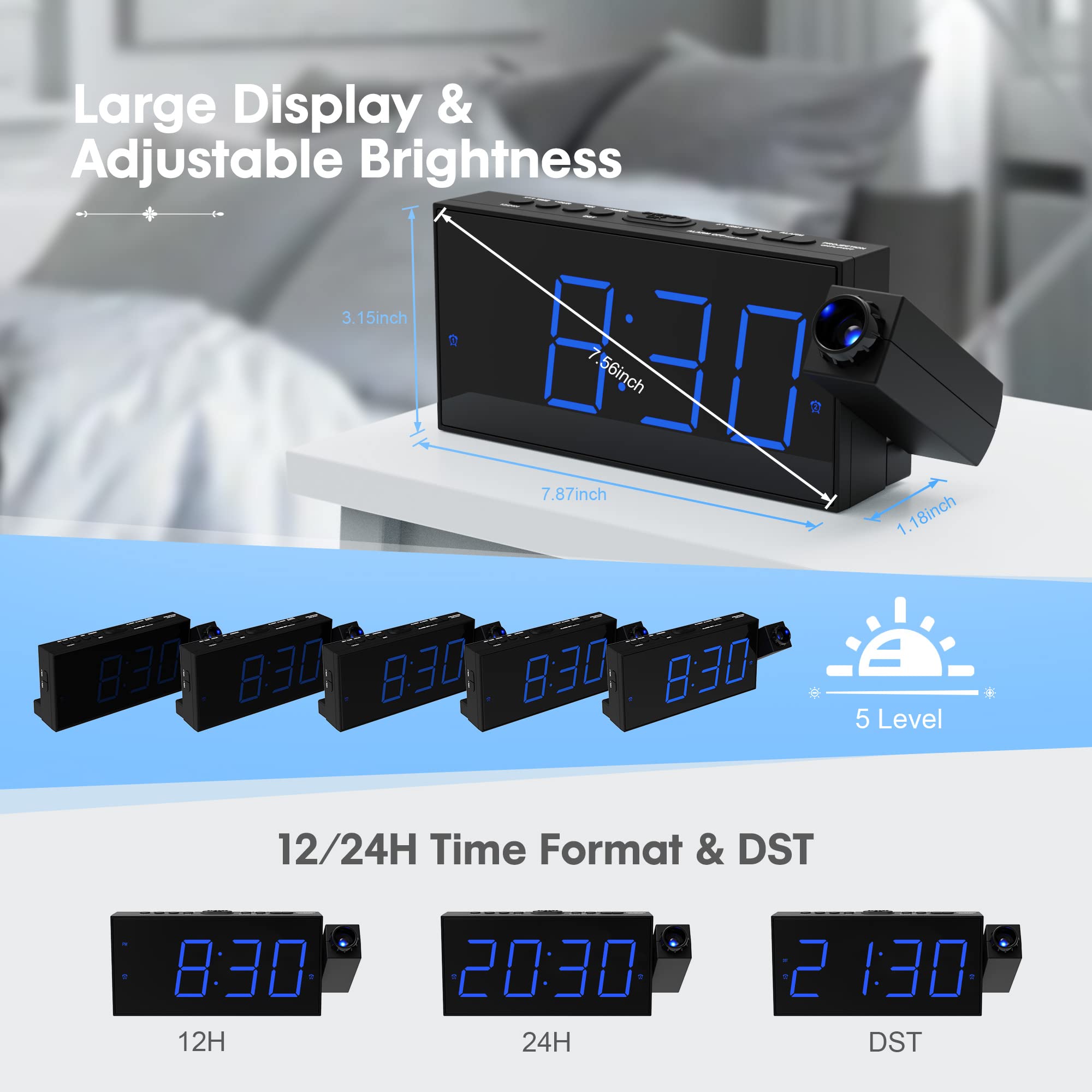 Digital Projection Alarm Clock for Bedroom, Large LED Alarm Clock with