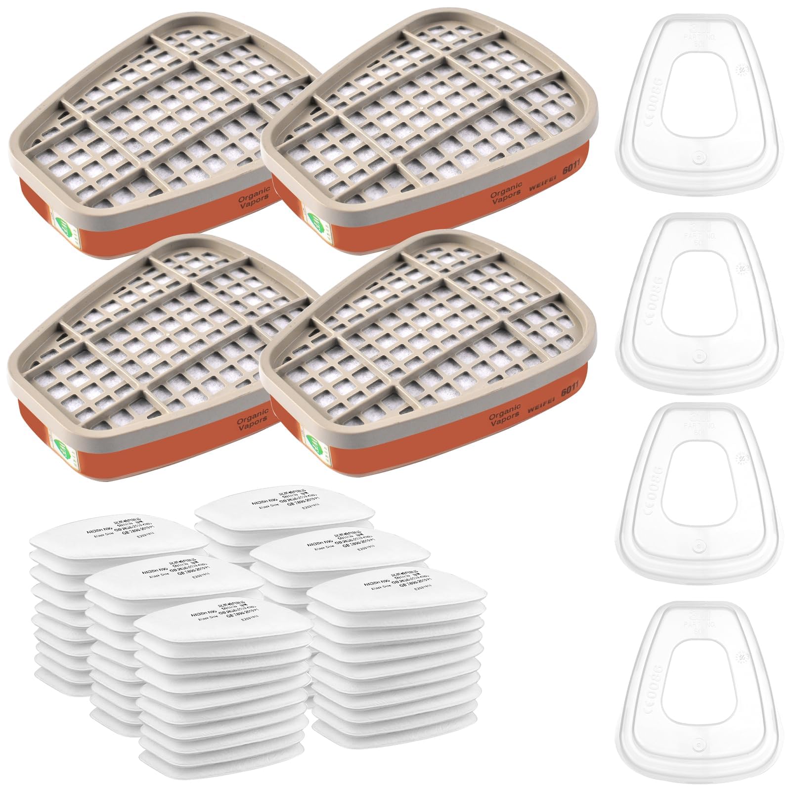 6001 Rechange Filtres de Protection Respiratoire Réutilisable Kit, 60 Cotons Filtrants, pour Filtration Purifier, Face Protection, Compatible 6100/6200 / 7501/7502 / 6502/6800 Blanc