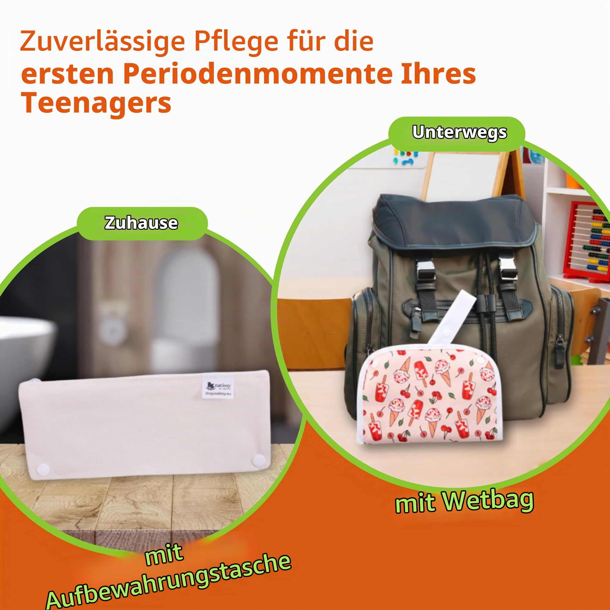 Natissy Bio-Baumwolle Stoffbinden für Teenager, Rutschfest, Waschbar, Atmungsaktiv, Hautfreundlich, Hochtemperaturgeeignet und Wiederverwendbar, Sicher für die Erste Periode - 6er-Set S+M