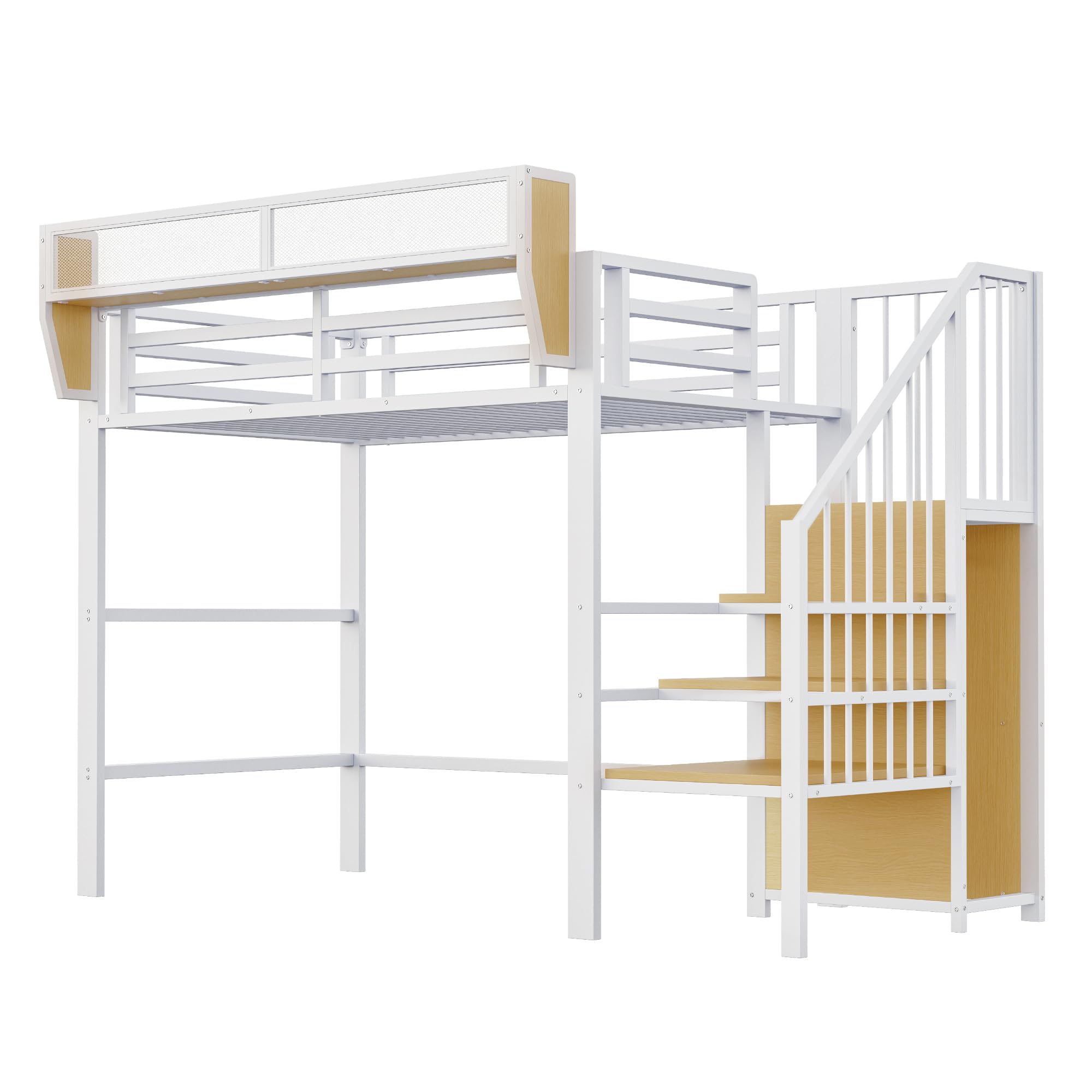 Moimhear Cama alta con escalera de seguridad y compartimento de almacenamiento flexible, cama de metal para adultos, cama para niños, litera (blanco, 90 x 200 cm)