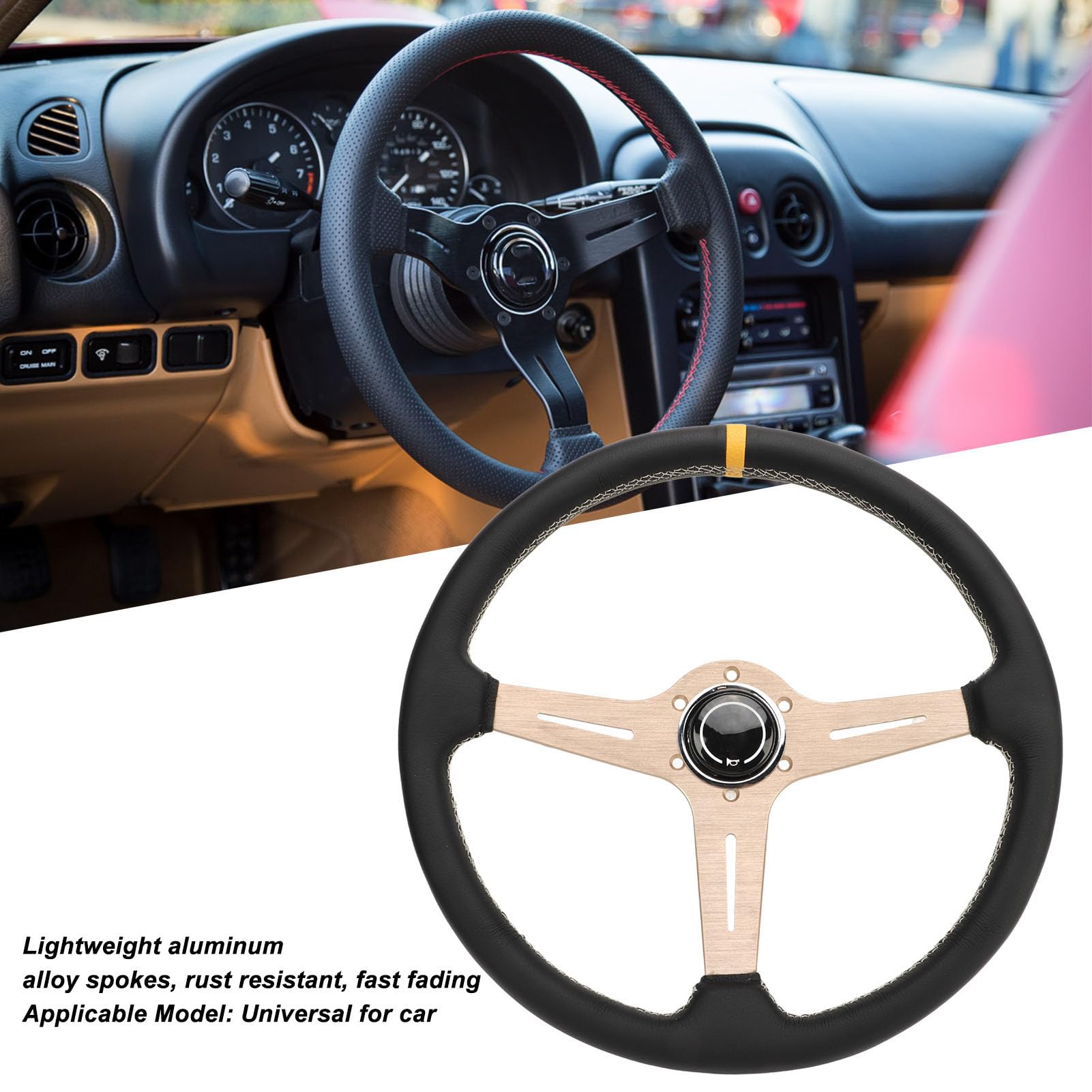 14.5in Volant Cuir Blanc Couture Intérieure Cuivre Couleur Cadre Forte Grip Control Universel pour Voiture Véhicule