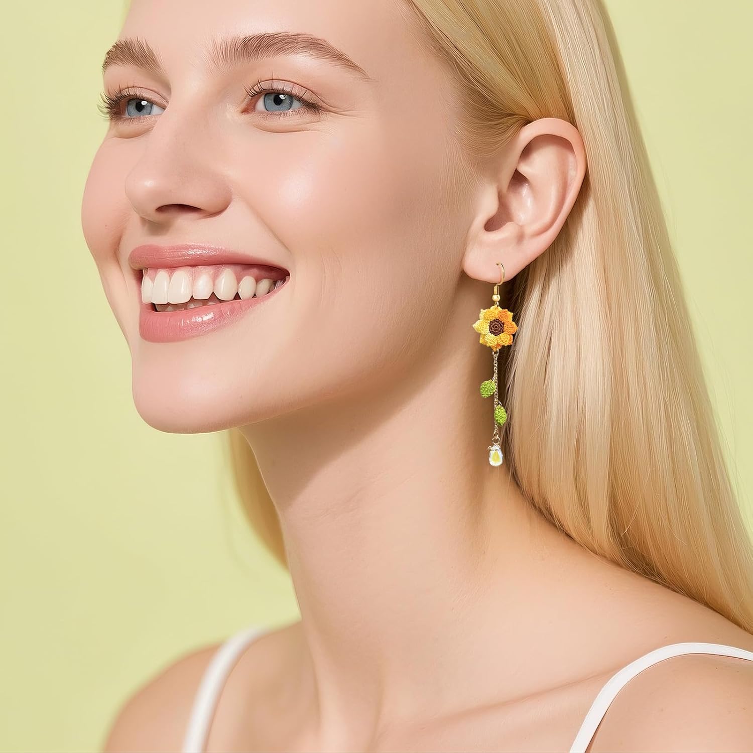 Crochet Sunflower Flower Dangle Earrings for Women Handmade Crochet Flowers Cute Blossom Fairy Dainty Refreshing Floral Long Dangling Earrings for Women Trendy-Summer Boho Beach Jewelry - Image 4