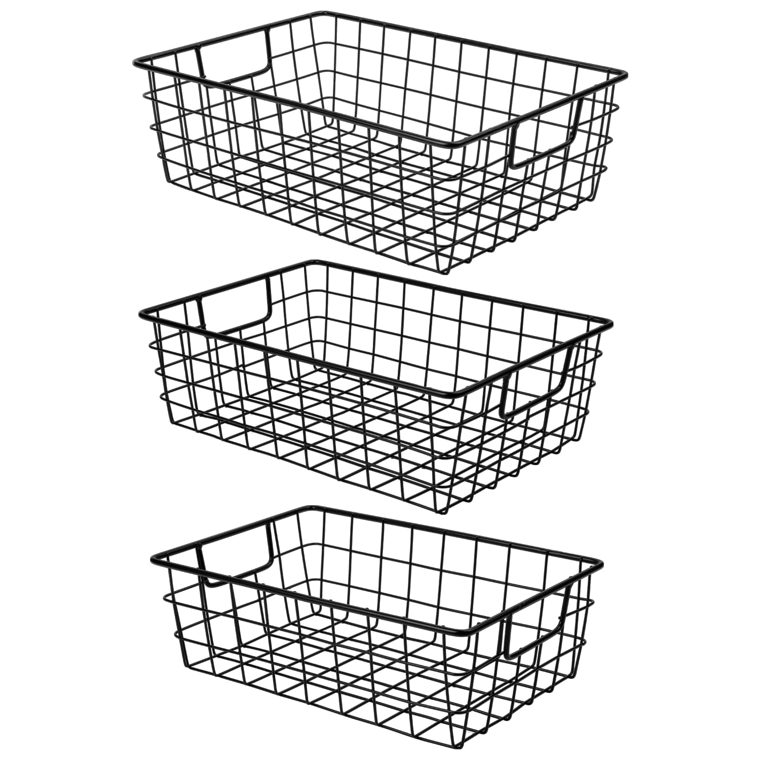 Wetheny 3 Pack Extra Large Wire Basket with Metal Handles, Metal Basket for organizers and storage, Wire Storage Baskets for Pantry, Cabinet, Fridge, Kitchen, Wardrobe, Garage, Bathroom, Black