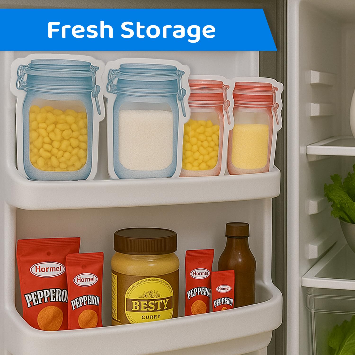 SKY FLEXI PACK Mason Jar Ziplock Bags, 50 Pcs Set (25 Pcs Each of 13.5x19.5cm & 15x25cm), Bottle Shaped Airtight Pouches for Fridge, Freezer, Kitchen & Travel Storage, Reusable & Leakproof 3