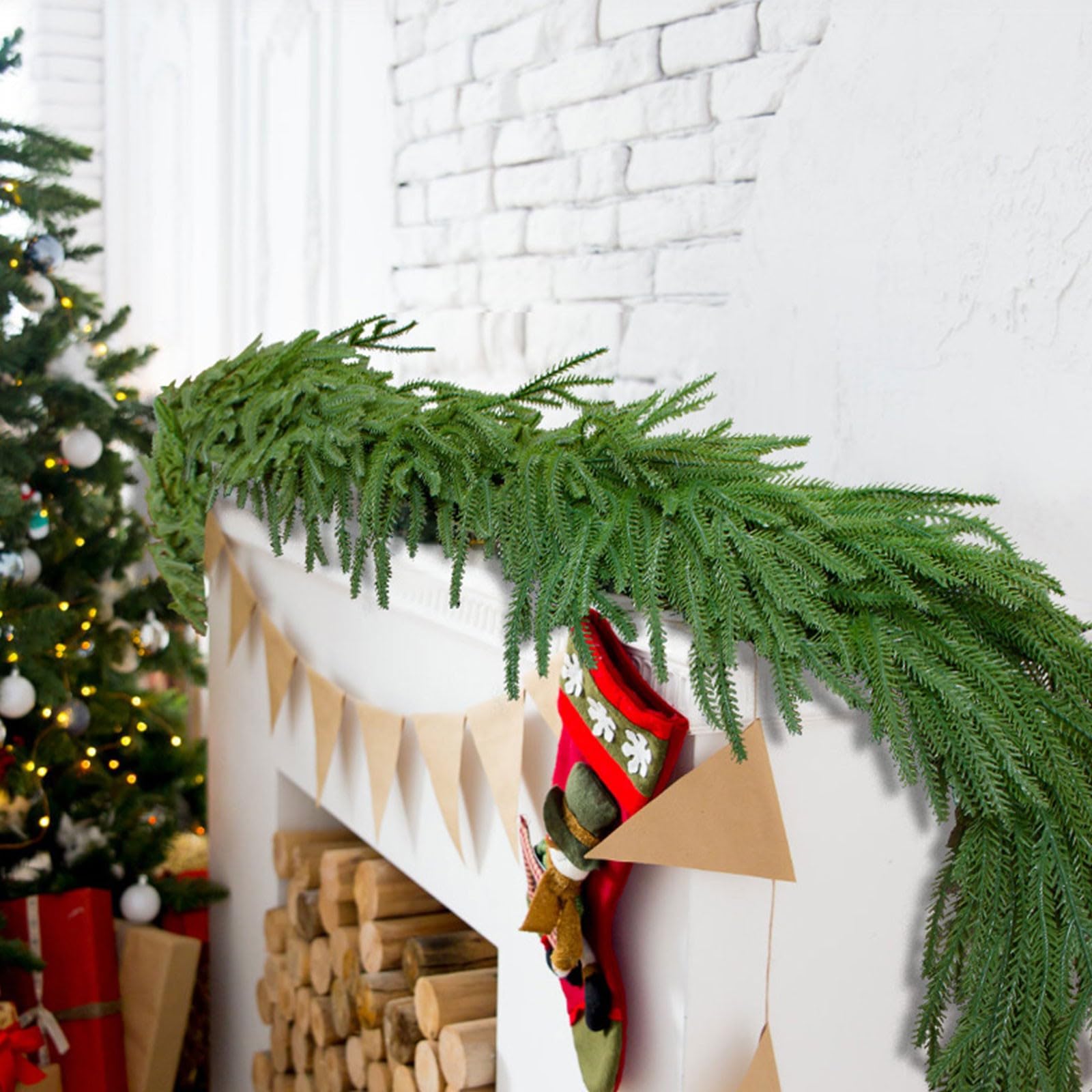 Guirnaldas navideñas de pino artificial de Norfolk, guirnaldas de pino de tacto real, guirnalda de pino de Navidad, adorno de guirnalda de vegetación realista para repisa de chimenea, decoración navi