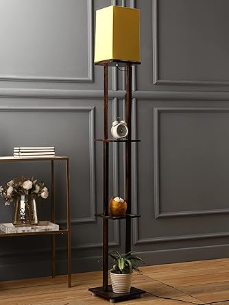 SANDED EDGE - SMARTLY PRICED Mario 3 Tier Shelf Storage Solid Walnut Wood Floor Lamp with Yellow Shade for Home, Living Room, Office D?cor, Gift- Pack of 1