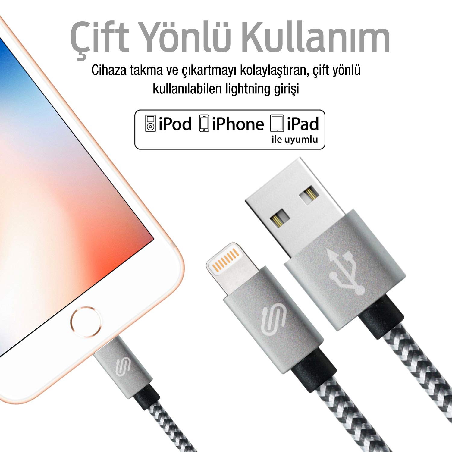 QWERTS Hızlı USB Lightning Kablo – 3’lü Şarj Kablosu Seti - iPhone XS/X/8 Plus/7/7 Plus/6/6 Plus/6s/6s Plus/5/5s/5c/SE&iPad ile Uyumlu – Siyah Beyaz