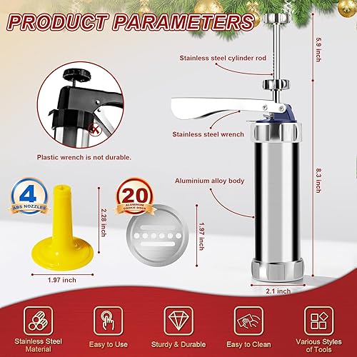 Miniatura 3 de Pistola de prensa de galletas mejorada, kit de prensa de galletas Spritz de acero inoxidable con 20 discos, 4 puntas, máquina de hornear de grado