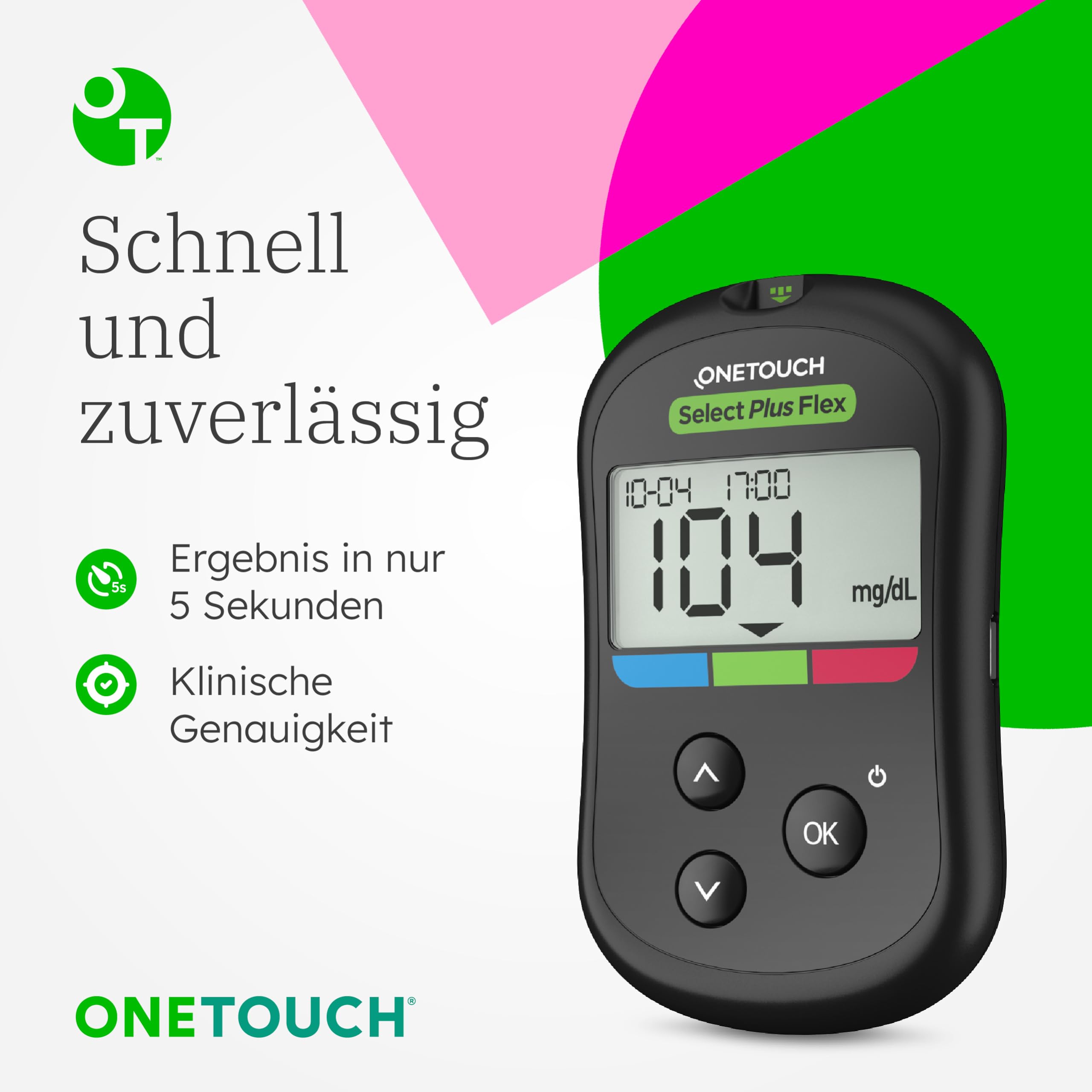 OneTouch Select Plus Flex® Blutzuckermessgerät (mg/dL) | 1 Messgerät, 10 Teststreifen, 1 Stechhilfe, 10 Lanzetten & 1 Etui