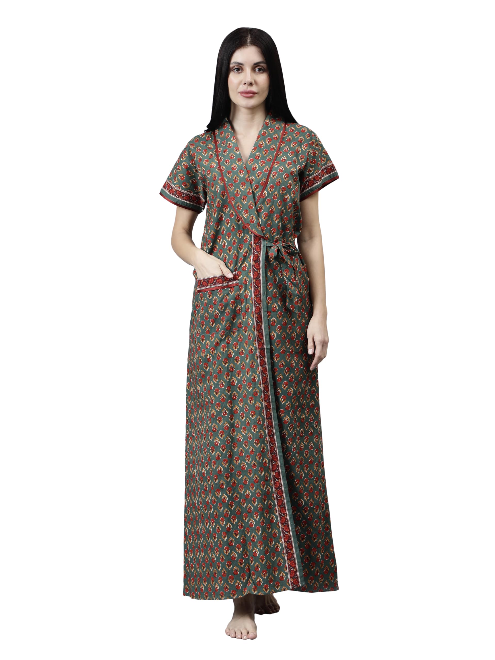 Beallamy Women's Pure Cotton Printed House Coat,Front Open Adjustable Nighty/Night wear A051-image-35