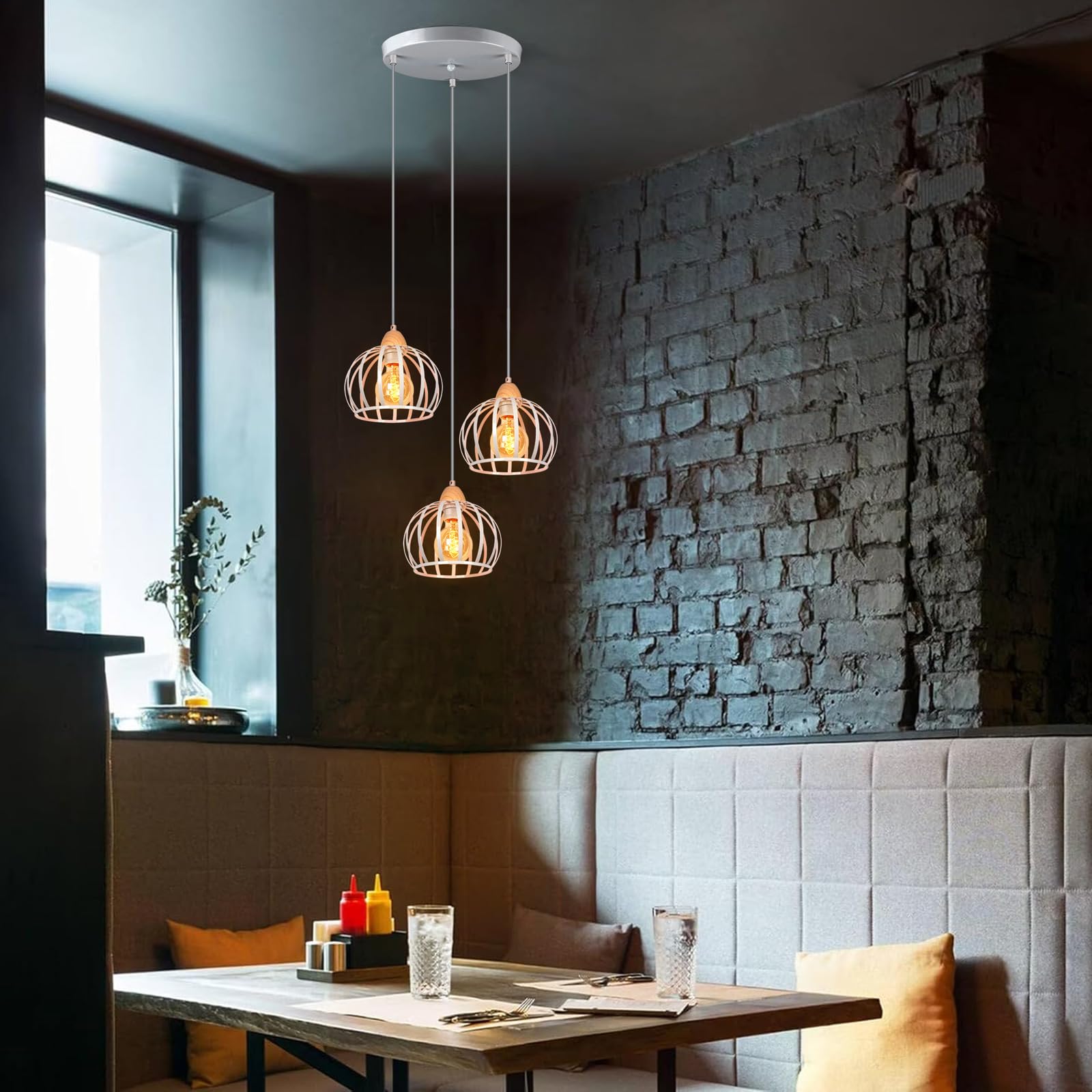 iDEGU 3 Luces Lámpara Colgante Vintage Lámpara de Techo en Madera y Metal Industrial Lámpara de Araña Diseño Jaula Retro Iluminación E27 Luz Colgante para Salón Dormitorio Cocina (Redondo, Blanco)