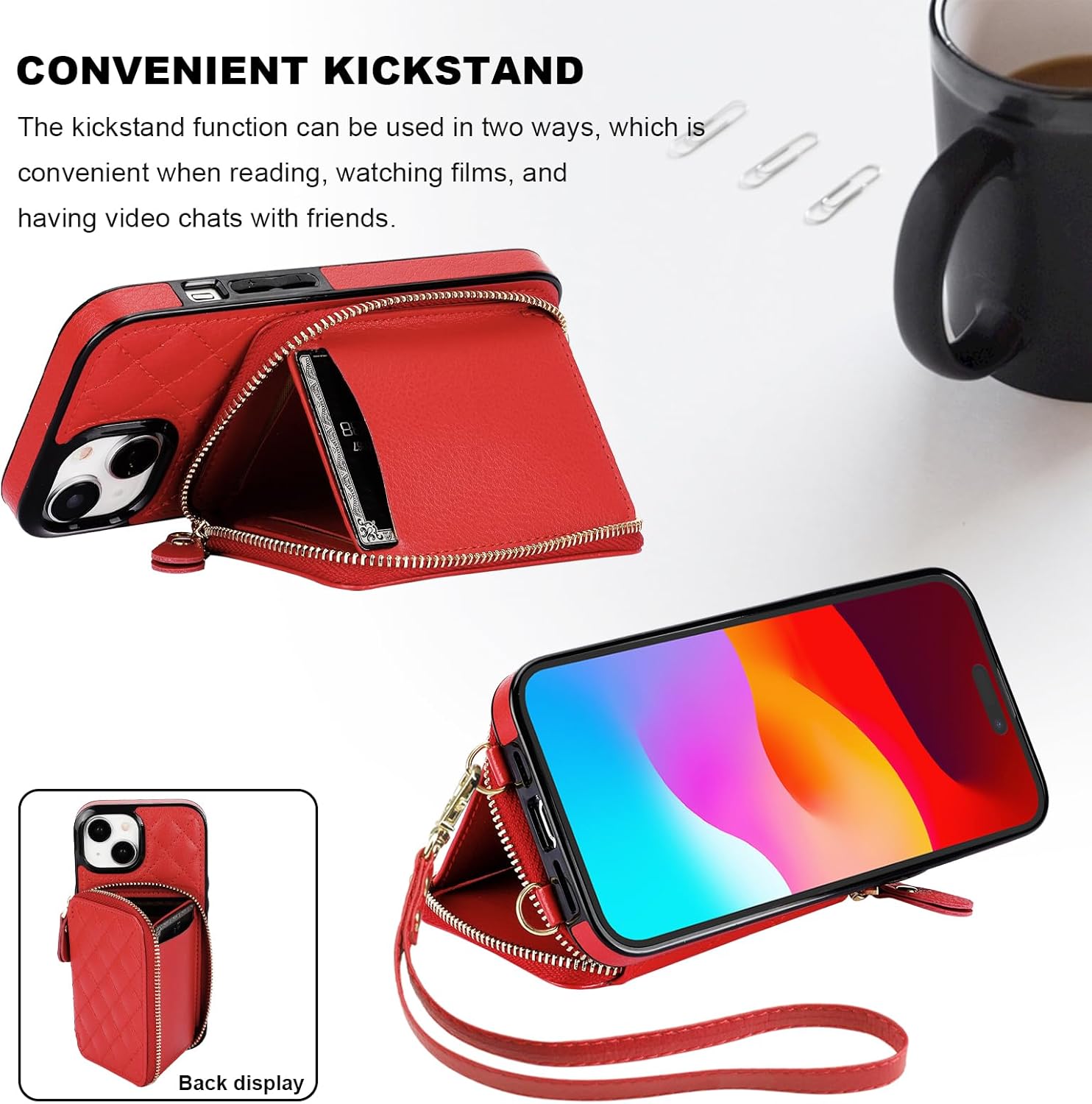 Bocasal Crossbody Wallet Case for iPhone 15, RFID Blocking PU Leather Zipper Handbag Purse Flip Cover, Kickstand Folio Case with Card Slots Holder Wrist Strap Lanyard 5G 6.1 Inch (Red)