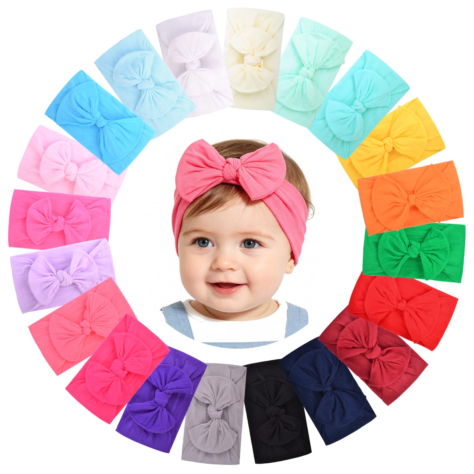 20 Pack de Bandeaux Élastiques avec Nœud en Nylon pour Filles et Garçons Nouveau-Nés - Accessoires pour Enfants Jollybows