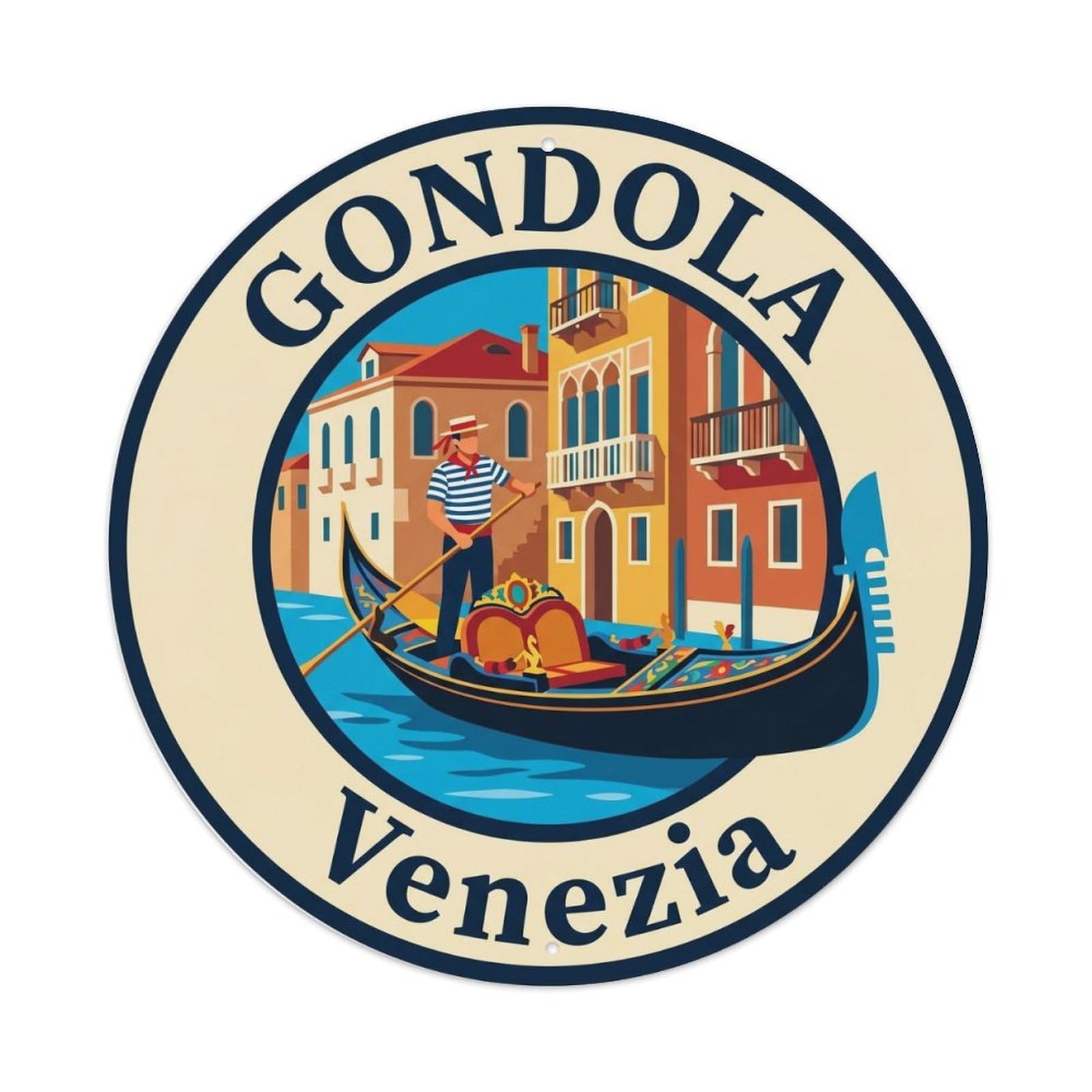 Vintage Travel Venetian Gondolier Canal Metal Tin Sign Plaque Wall Decor for Cafe, Club Bar, Office, Home Garden Round Metal Poster 8x8Inch