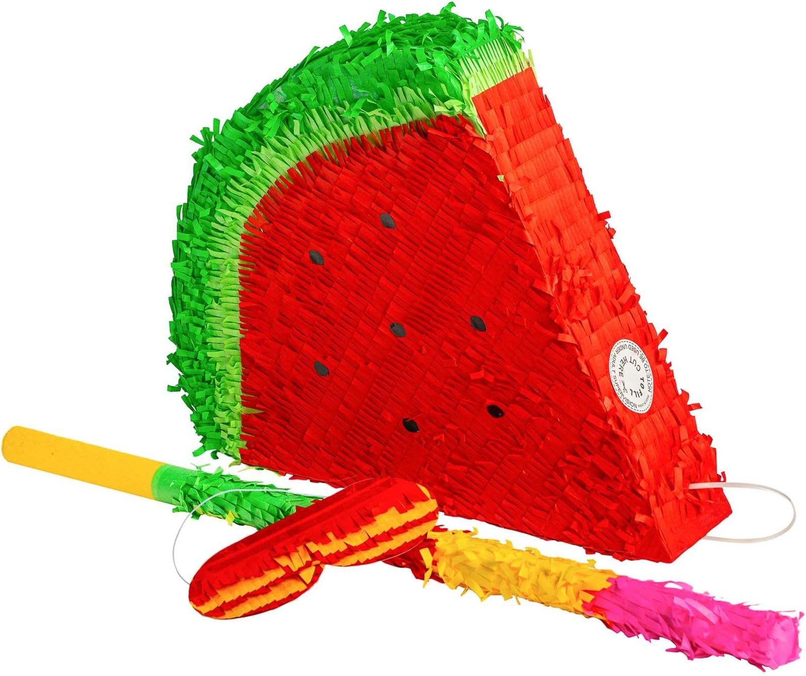 Fax Potato Watermelon Cardboard Pinata, Stick and Blindfold Set - 3pc - Rainbow Stick - Fill Your Own Kids Party Accessory Decoration - W42cm x D9cm x H36cm