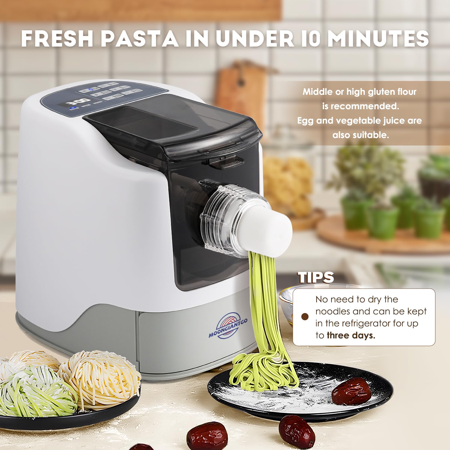 Moongiantgo Machine à Pâte Fraîche Électrique Laminoire, 3 Programmes Automatiques, Boîte de Rangement avec 12 Disques de Mise En Forme pour Nouilles Spaghetti Fettuccine, Jusqu'à 500g de Farine, 260W