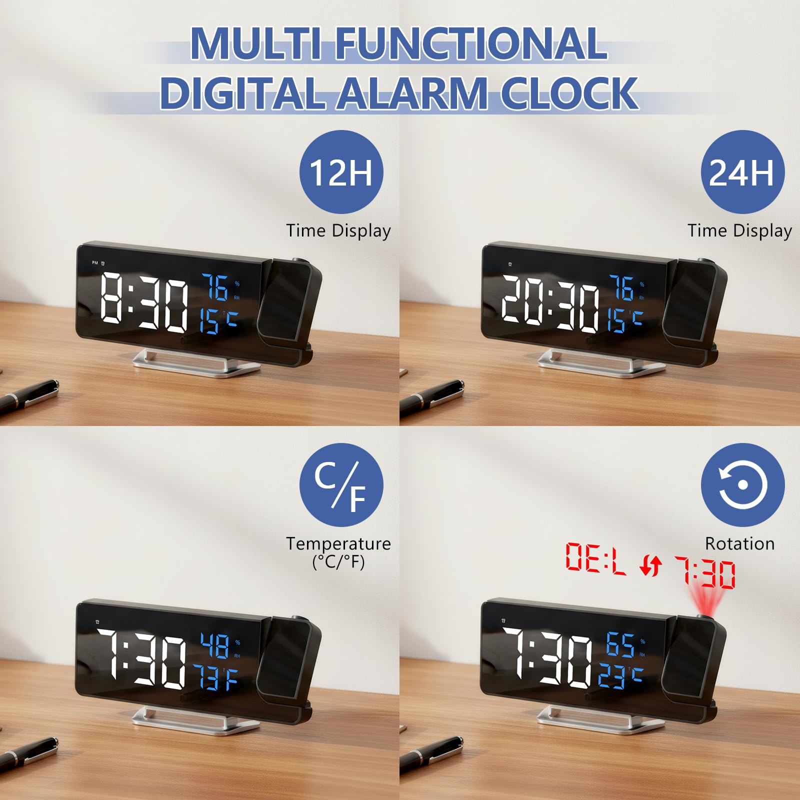 Cuteefun Reloj Despertador Digital con Proyector, Pantalla LED de 8", Temperatura y Humedad, Snooze, 12/24H, Brillo Ajustable, Reloj Proyector Techo para Dormitorio, Números de Azul