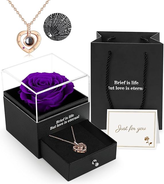 Preserved Real Rose, Gift Box with I Love You Necklace, Handmade Eternal Real Rose Flower Gifts for Her Woman Wife Girlfriend Mother on Birthday, Anniversary, Valentine's Day, Mother's Day, Christmas