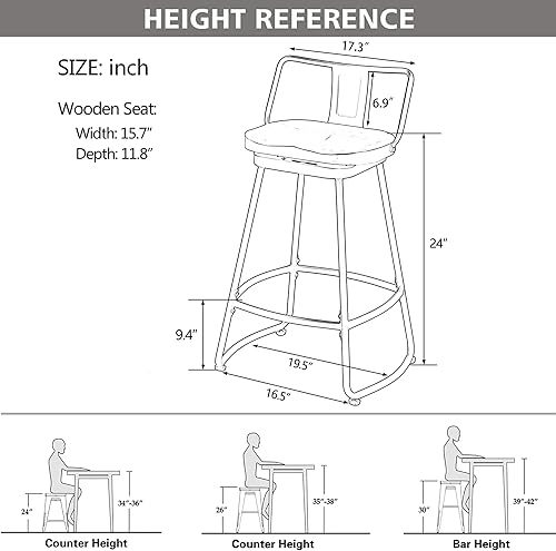 Miniatura 2 de Yongqiang Taburetes de bar giratorios de 24 pulgadas con respaldo, juego de 2 sillas de bar de metal con asiento de madera, taburetes de bar Negro