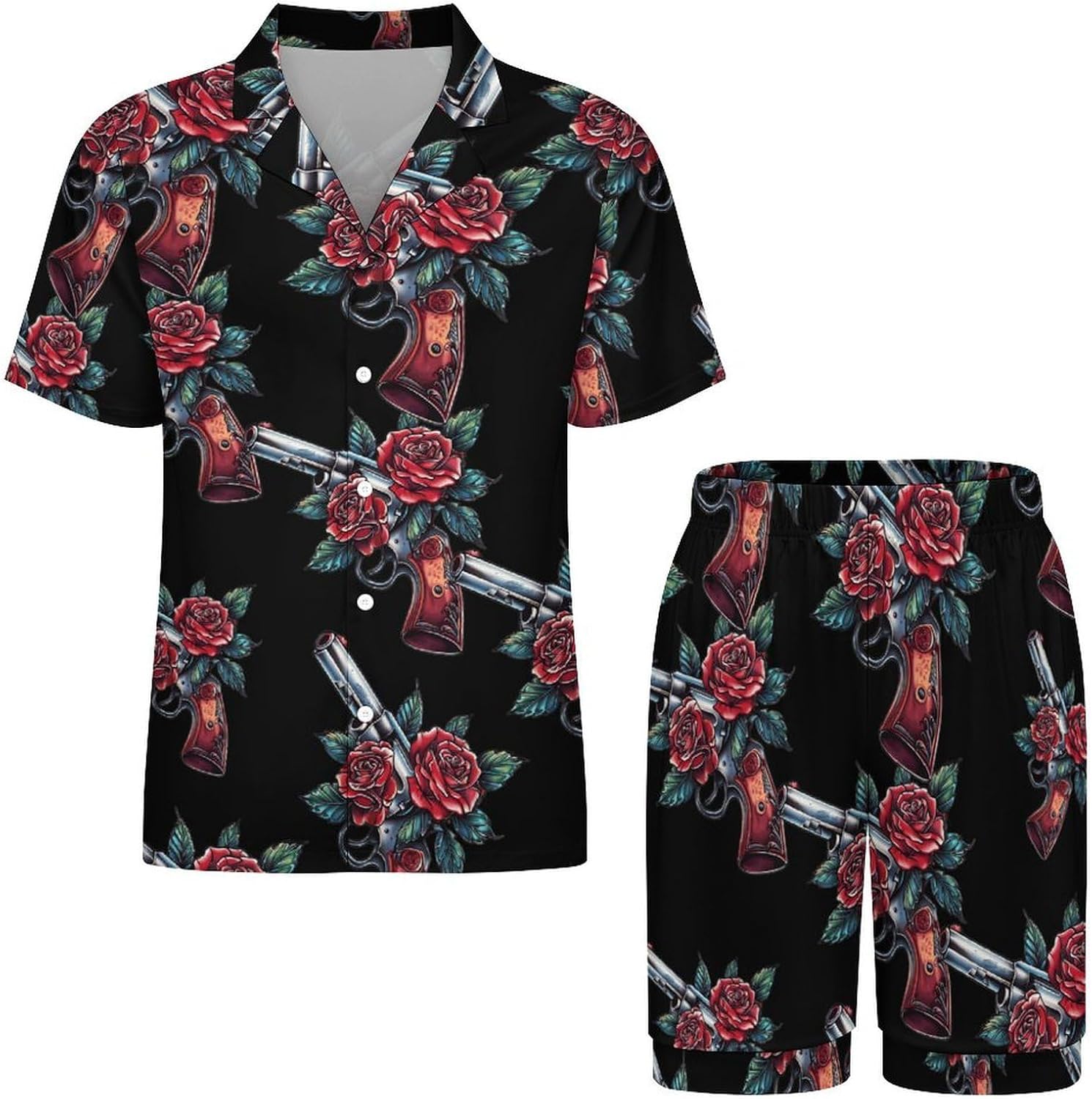 Guns And Rose Men's Short Sleeve Pajama Set Satin Silk Like Lounge Sleepwear