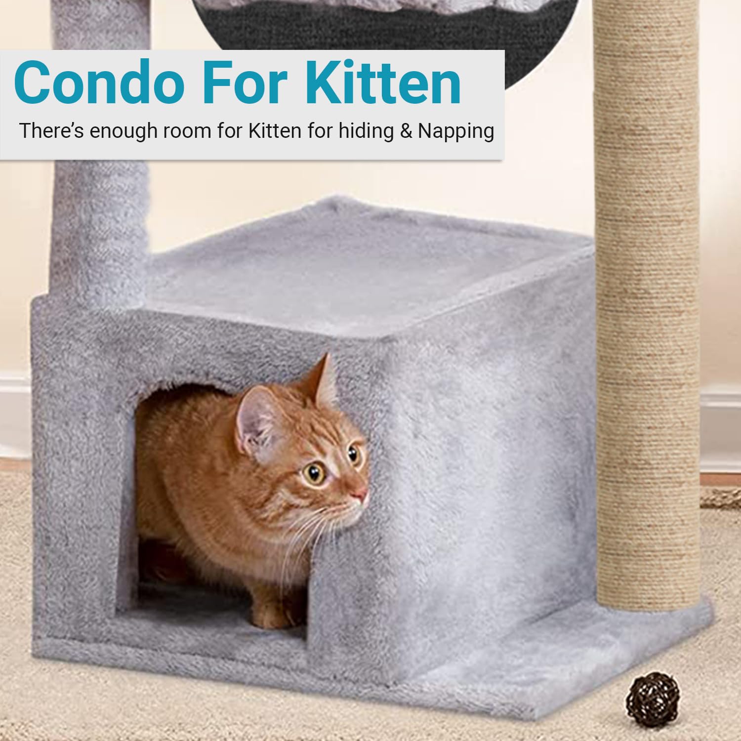 Mellifluous Soft Fur Condo Activity Cat Tree - Jute Rope, Scratching Post, Dangling Toys, Hanging Hammock , Suitable for Cat (Grey, Large) (Condo 16 x 16 Inch) (Height 38 Inch) 3