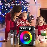 Vista 5 de Máquina de karaoke, altavoz portátil de karaoke Bluetooth con 2 micrófonos inalámbricos, sistema PA para adultos y niños con luces LED y ajuste