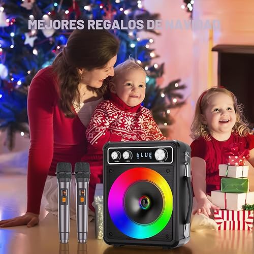 Miniatura 5 de Máquina de karaoke, altavoz portátil de karaoke Bluetooth con 2 micrófonos inalámbricos, sistema PA para adultos y niños con luces LED y ajuste