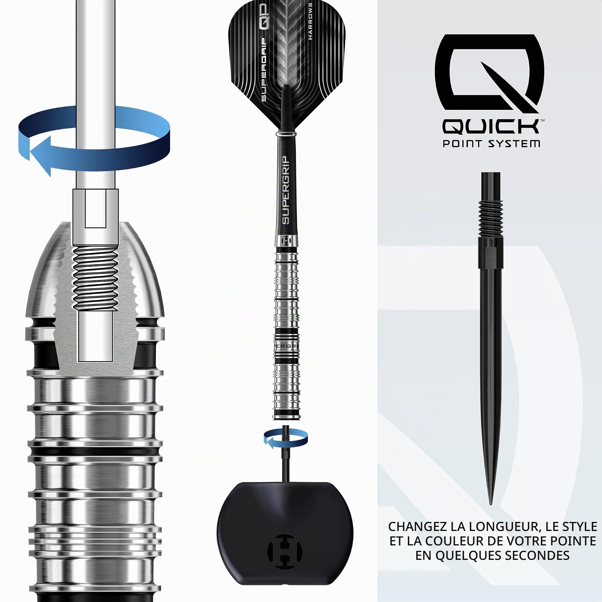 Harrows Jeu de fléchettes SuperGrip QP coniques 90 % tungstène | Ensemble de fléchettes avec pointe en acier avec système de changement de pointe rapide | 22 g, 23 g, 24 g, 26 g, 28 g et 30 g |