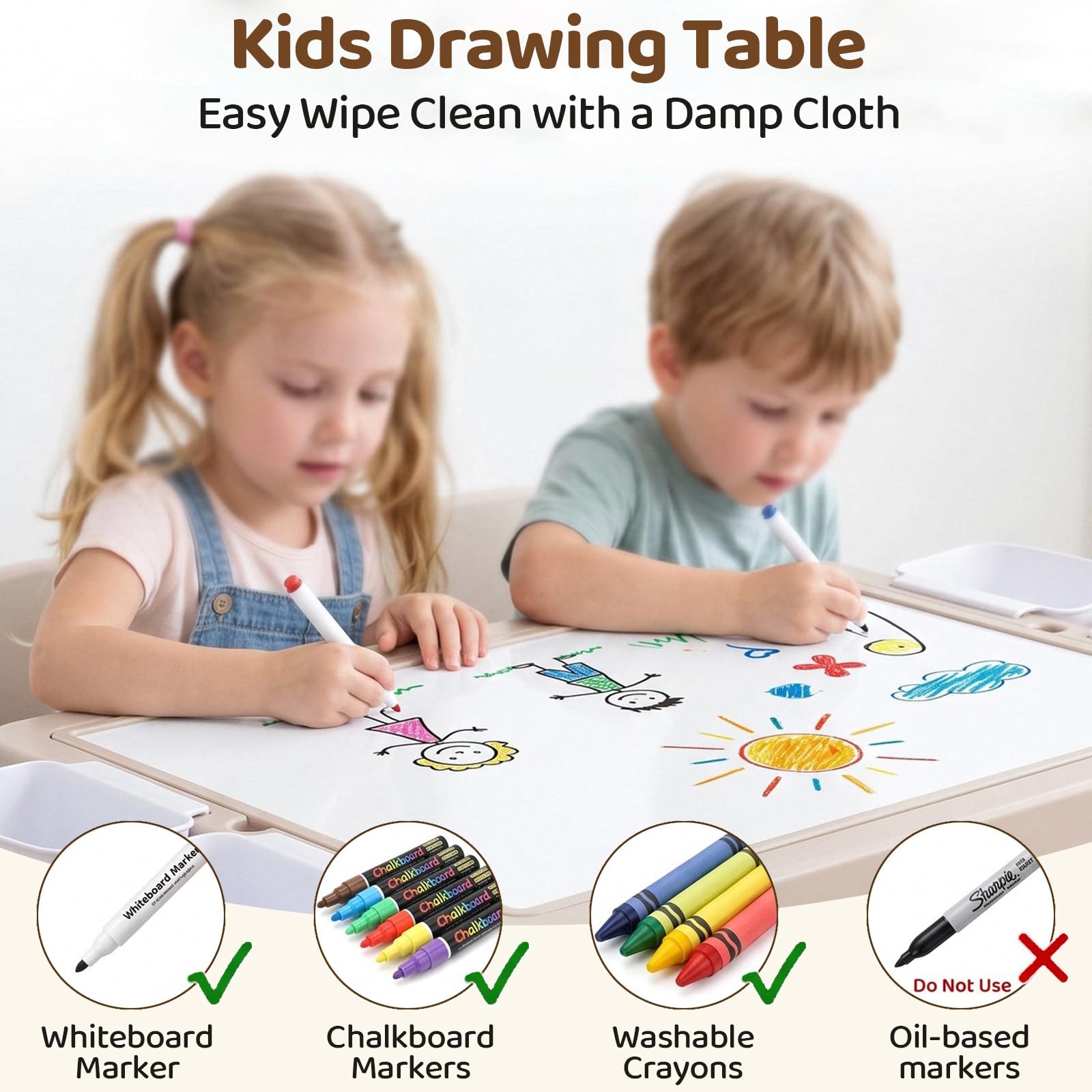 MAMIZO Tavolo per bambini con 2 sedie, tavolo per attività per bambini regolabile in altezza, con vano portaoggetti, piano letto reversibile per graffiti e mattoncini da costruzione, mobili per aula