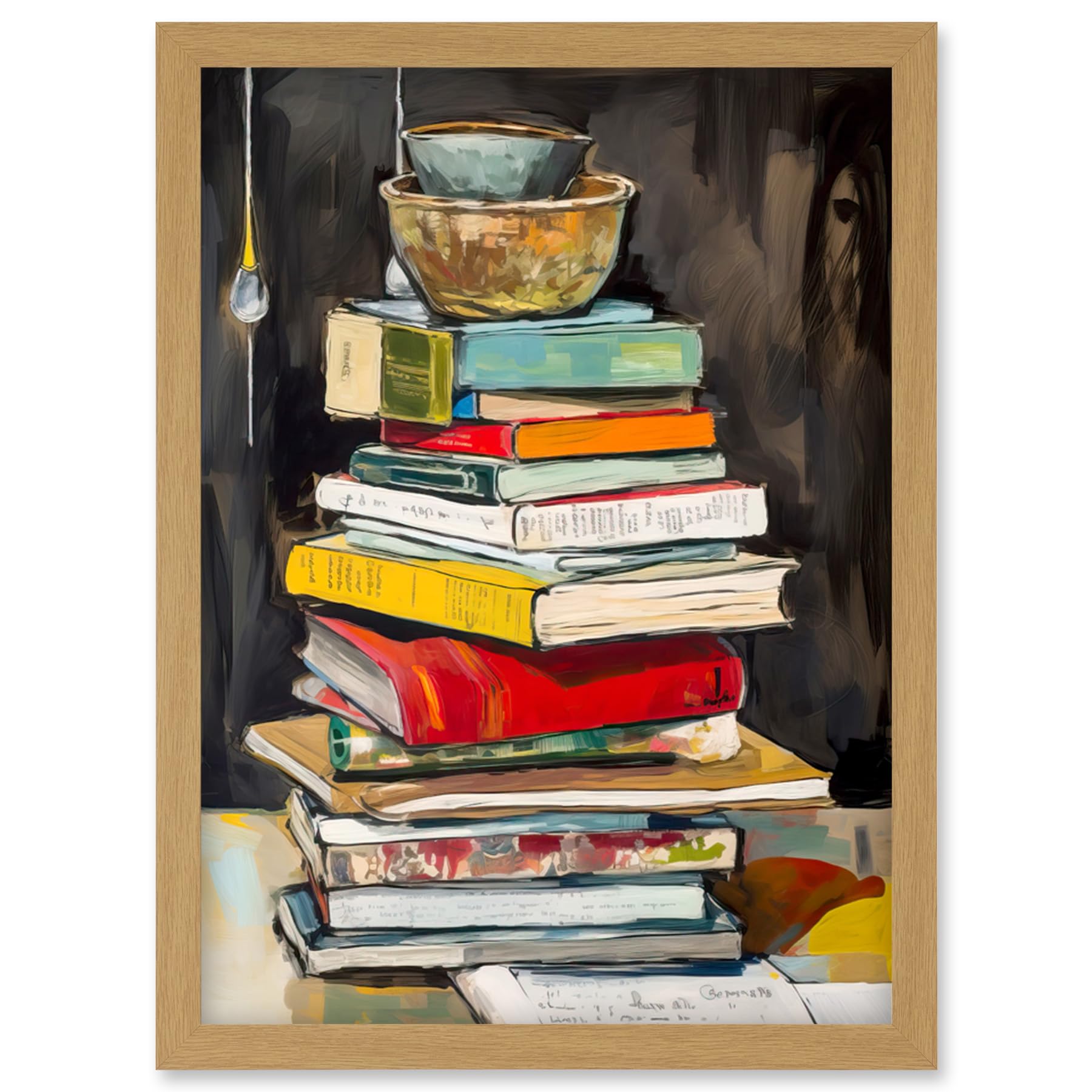Artery8 A Stack of Recipe Cookbooks with Bowls on Top Artwork Framed Wall Art Print A4
