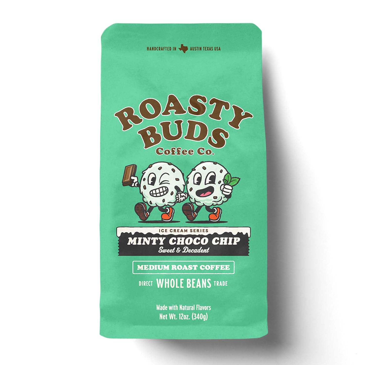 Roasty Buds Minty Choco Chip Whole Bean Coffee | Medium Roast, Natural Mint & Chocolate Flavors (12 oz) | Gluten-Free, Non-GMO (12 Ounce, Minty Choco Chip Whole Bean)