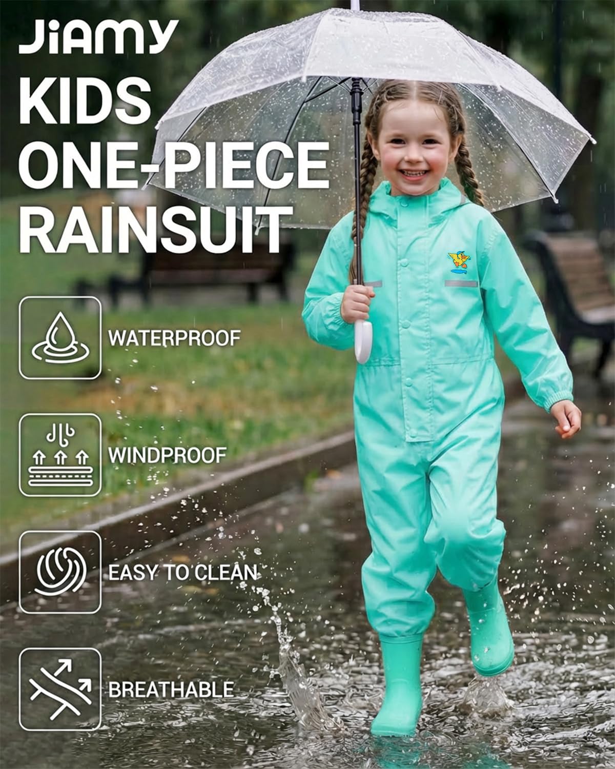 JiAmy Combinaison imperméable pour fille et enfant, imperméable à l'eau pour fille avec capuche et rayures réfléchissantes, vêtements de pluie pour l'école et le jeu vert pour 10-12 ans
