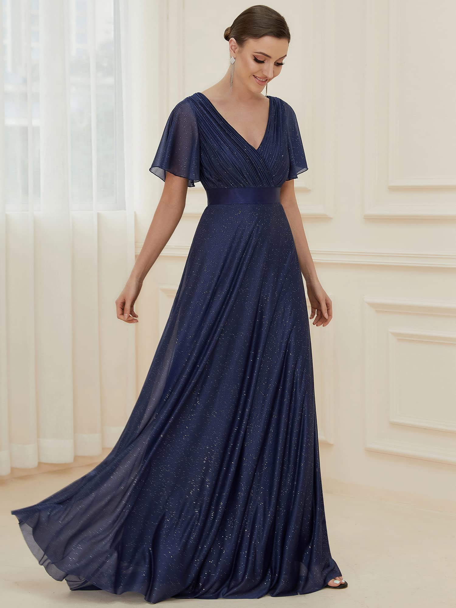 Ever-Pretty Robe Longue de Soiree Tulle Plissé Femme Manches Courtes Col V A Line Taille Empire Brillante Élégante EE50159