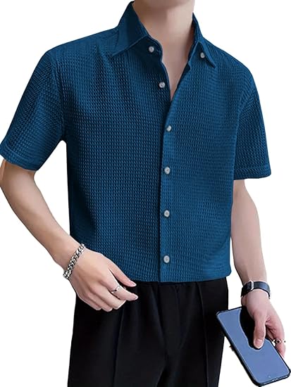 GRECIILOOKS Shirt for Men | Mens Casual Shirt | Men Stylish Shirt | Men Waffle Shirt | Men's Regular Fit | Men Formal Shirt | Short Sleeve Shirt for Summer Outdoor Activities |Textured Shirts for Men