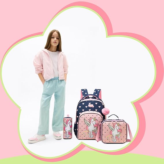 Unicorn Backpacks for Girls School Backpack for Girls Backpack with Lunch Box Pencil Case Kids Backpacks for Travel Bookbag Back to School Supplies