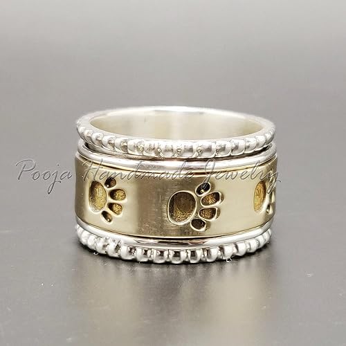 Miniatura 2 de Paw Print Spinner Ring, 925 Sterling Silver & Brass Handmade Meditation Ring, Fidget Anxiety Ring for Women, Paw Symbol Band, Pet Lover Jewelry Gift
