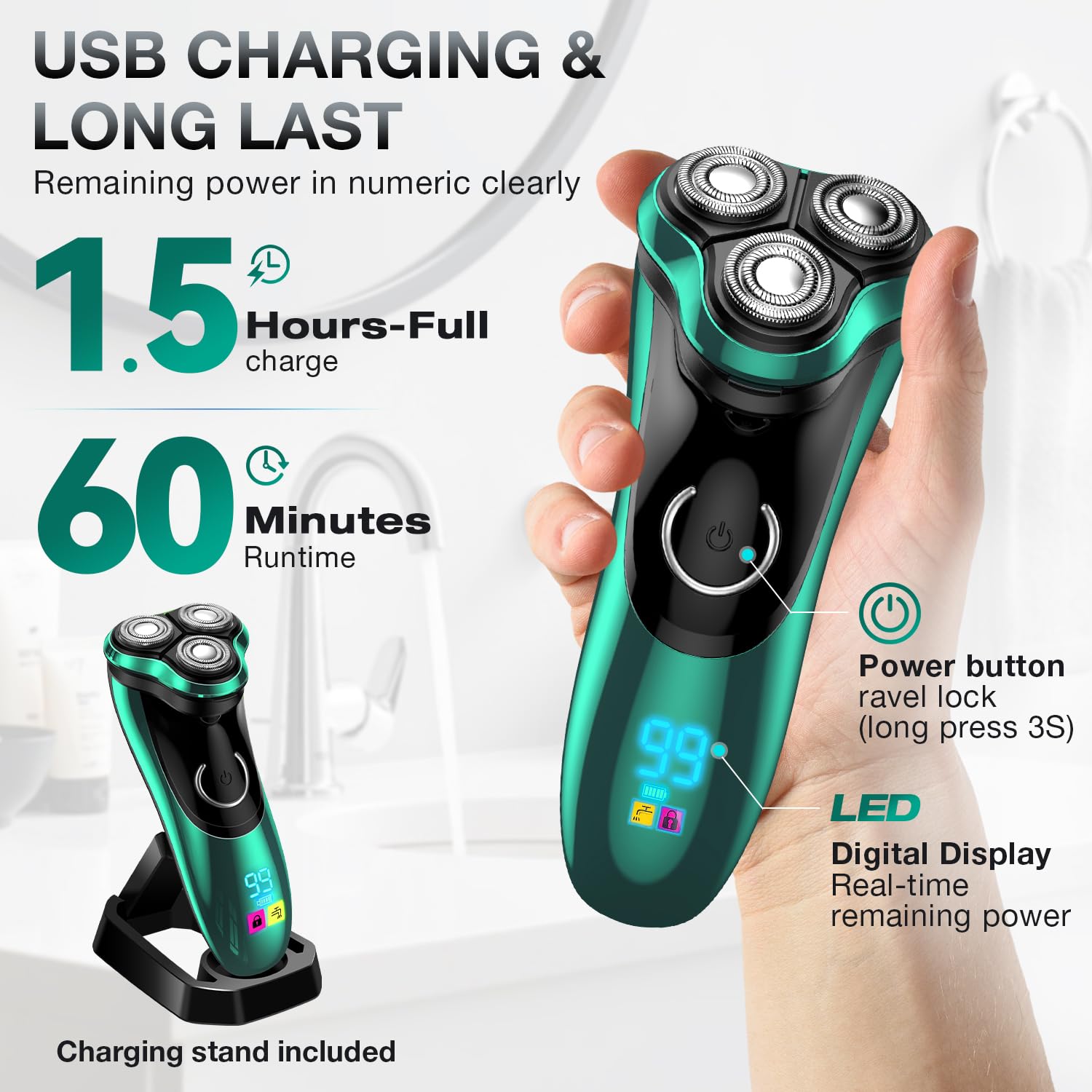 Electric Razor for Men Electric Shaver for Men Rechargeable Men’s Electrics Shavers, Charging Stand - Image 4