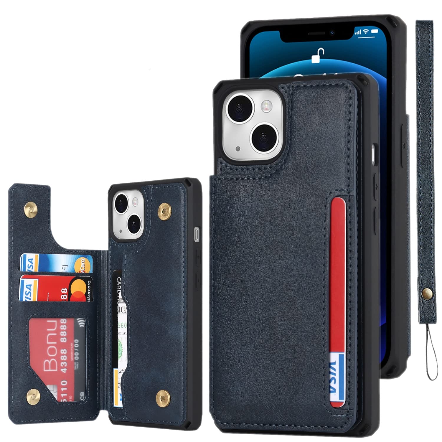 iCoverCase Compatible with iPhone 13 Wallet Case with Card Holder and Wrist Strap, PU Leather Card Slots Kickstand Double Magnetic Clasp Shockproof