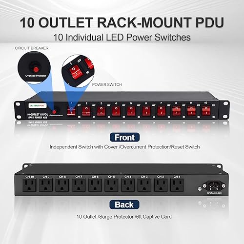 Miniatura 2 de UltraPoE Regleta de alimentación horizontal PDU de 10 salidas de 1U para montaje en rack, protector de sobretensiones, 100-240V15A1800 julios, para